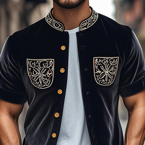 Men's Spring Fashion Retro Embroidered Velvet Stand Collar Short Sleeve Shirt