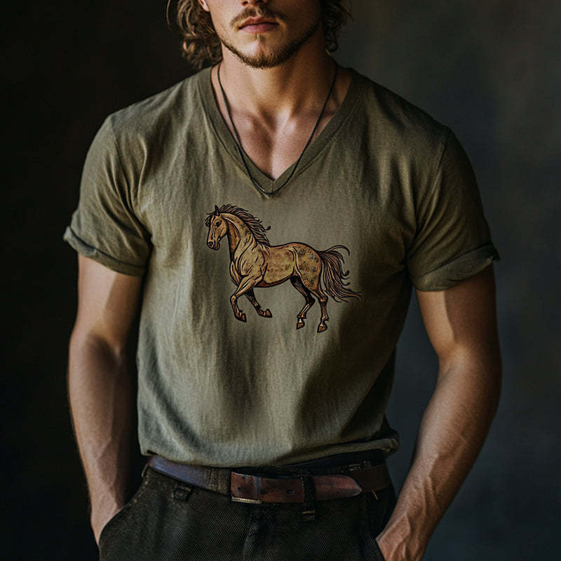 Herren-T-Shirt mit V-Ausschnitt und Pferde-Print, kurzärmlig