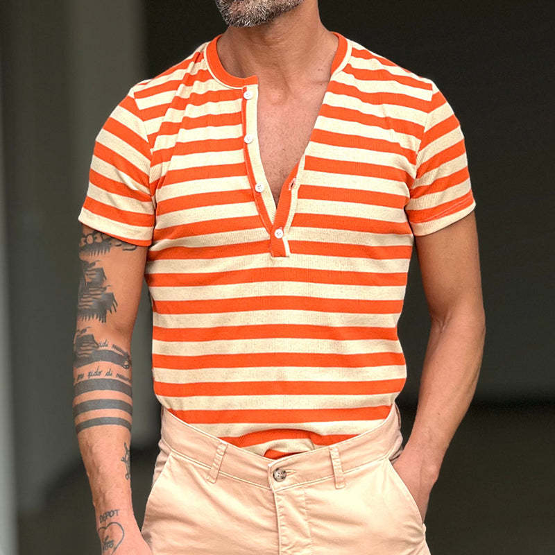 Men's Casual Striped Henley Neck Short Sleeve T-Shirt