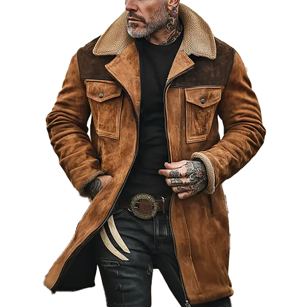 Men's Colorblock Suede And Polar Fleece Lapel Mid-Length Coat