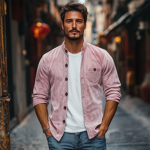 Men's Spring Fashion Casual Stand Collar Embroidered Suede Long Sleeve Shirt