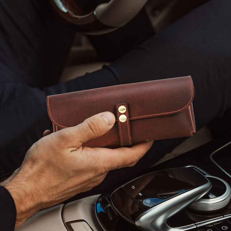 Men's Portable Travel Commuting Top Layer Cowhide Glasses Storage Bag