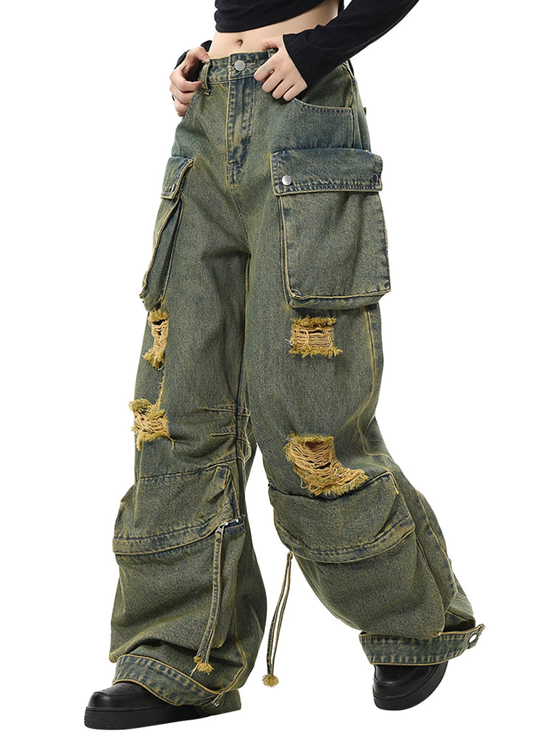 Wasteland Style Washed Distressed Work Cargo Jeans