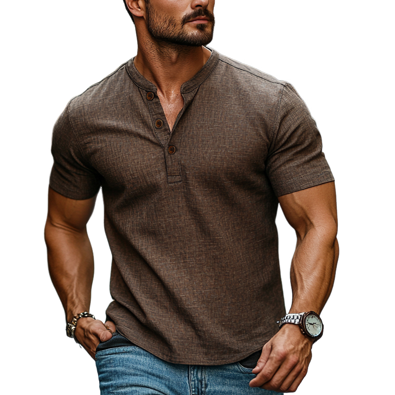 Men's Cotton And Linen Henley Short Sleeve T-Shirt