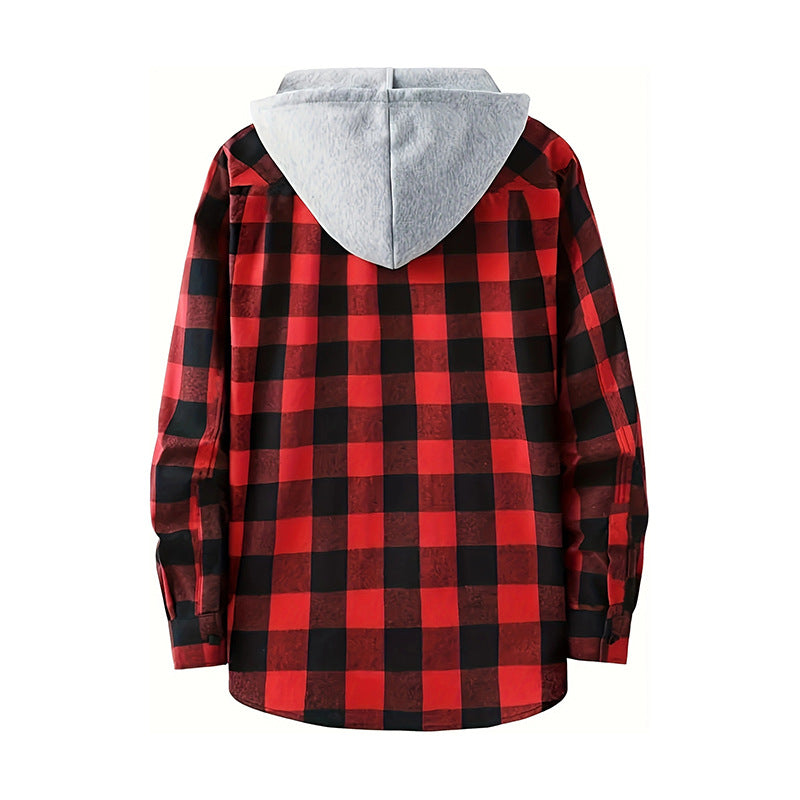 PLAID BUTTON UP HOODED SHIRT WITH CHEST POCKET