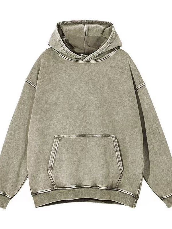 WATER WASHED DISTRESSED FLEECE HOODED SWEATSHIRT