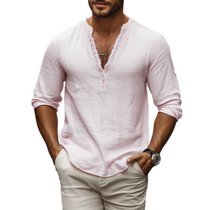 Men's Spring And Summer Casual Skin-friendly Cotton And Linen Seep V-neck Splicing Lace Shirt