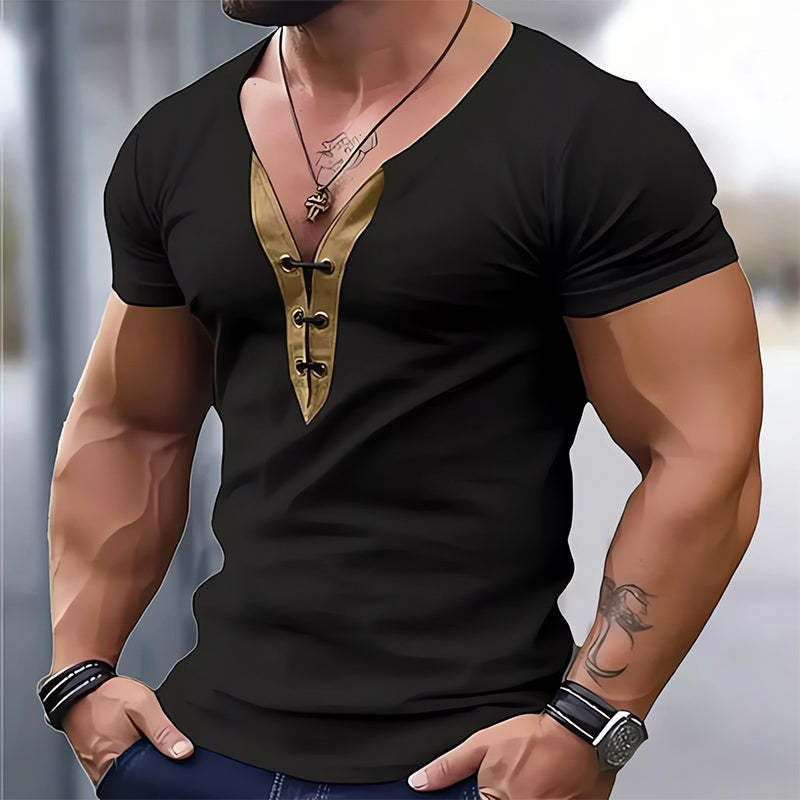 Men's Leather Collar Patchwork V-Neck Slim Fit Short Sleeve T-Shirt
