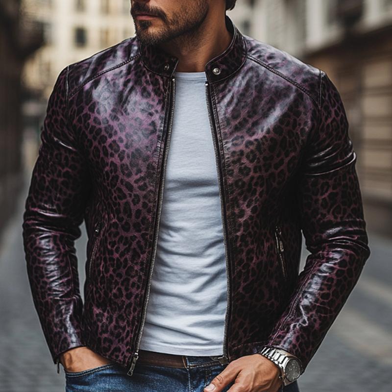 Men's Fashion Leopard Print Stand Collar Zipper Slim Fit Leather Jacket