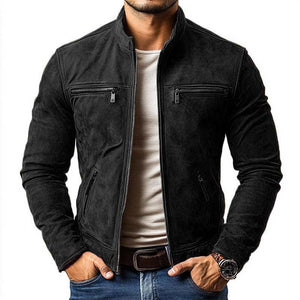Men's Classic Casual Slim Fit Zipper Multi-Pocket Stand Collar Suede Jacket
