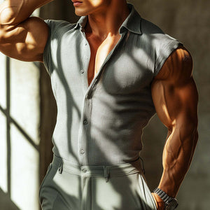 Herren Retro Casual Gestreiftes Ärmelloses Hemd mit schmalem Revers