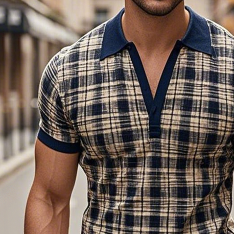 Men's Retro Check Print Colorblock Short-Sleeved Polo Shirt MTA3189C2TO