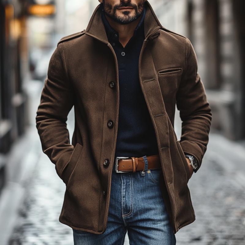 Lässiger, einreihiger Slim Fit-Mantel aus Wildleder mit Revers für Herren
