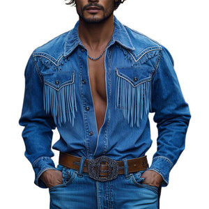 Men's Retro Western Cowboy Tassel Stitching Denim Long Sleeve Shirt