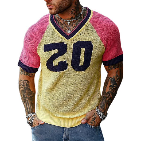 Men's Contrast Letter Jacquard Short Sleeve Knitted T-Shirt