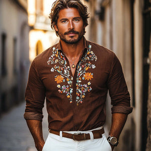 Lässiges Langarmhemd aus Baumwolle und Leinen im Vintage-Stil für Herren