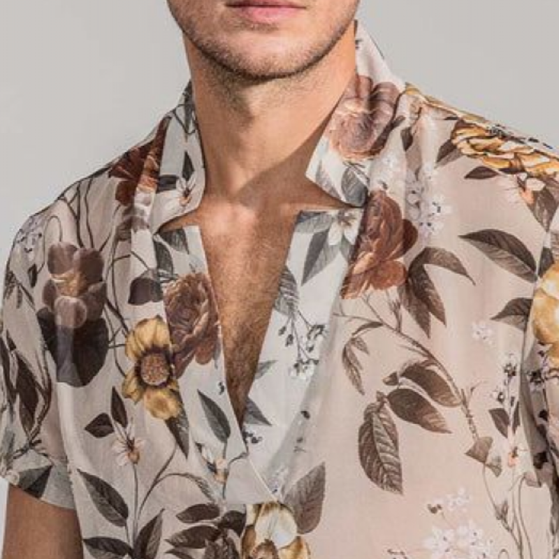 Men's Fashion Casual Retro Printed V-Neck Chiffon Short Sleeve Shirt