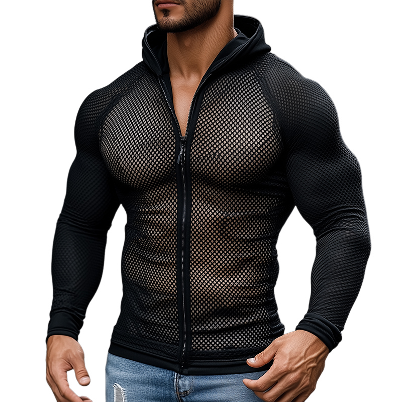 Men's Retro Casual Mesh Fabric Splicing Hooded Zipper Sports Long Sleeve T-Shirt
