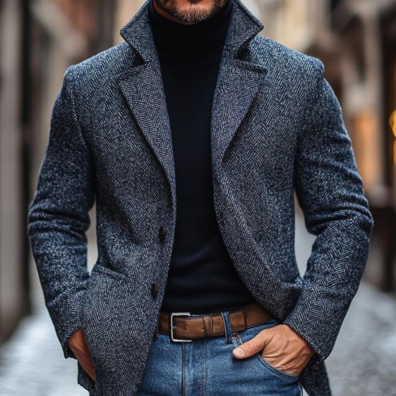 Men's Vintage Herringbone Notch Lapel Single Breasted Blazer