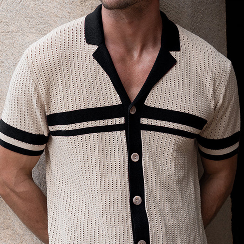 Men's Spring And Summer Casual Contrast Color Stitching Knitted Short Sleeve Shirt