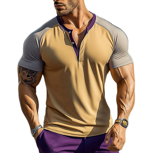Men's Retro Casual Cotton Colorblock Henley Collar Short Sleeve T-Shirt