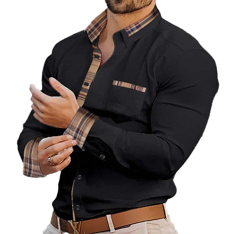 Men's Color Block Casual Long Sleeve Plaid Lapel Shirt