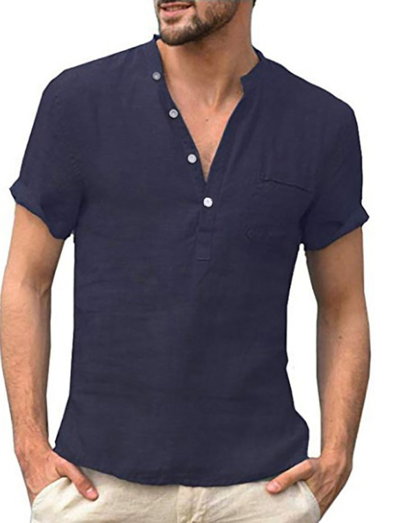 Men's Linen Solid Colored Classic Pocket Short Sleeve Shirt