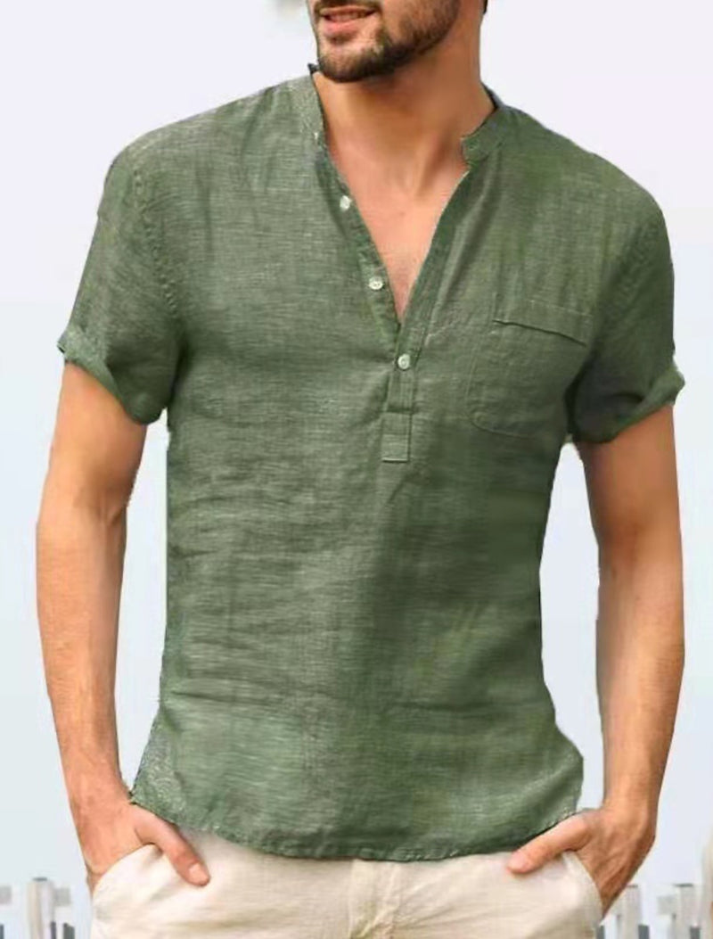 Men's Linen Solid Colored Classic Pocket Short Sleeve Shirt