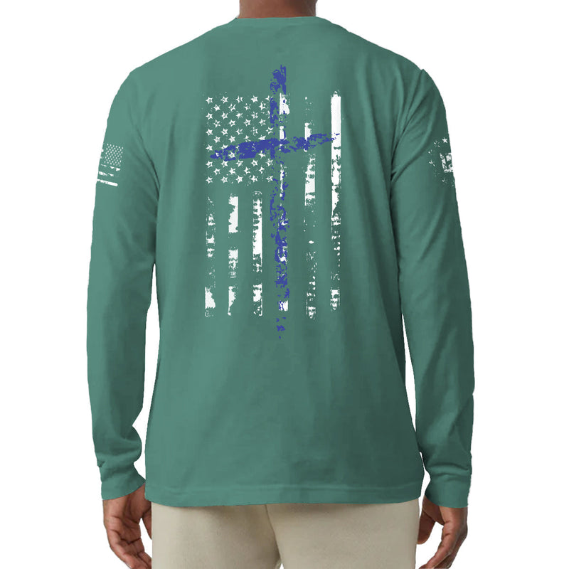 USA FLAG CROSS 100% COTTON GRAPHIC LONG SLEEVE T-SHIRT