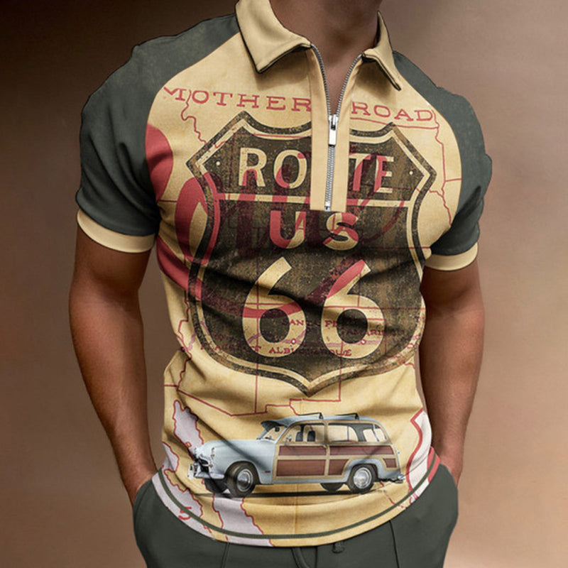 ROUTE66 1/4 ZIPPER PRINTED POLO SHIRT