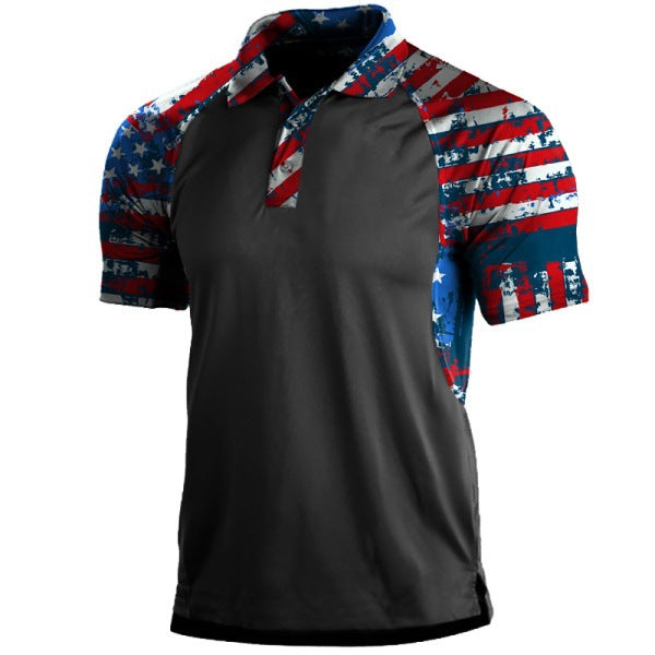 USA FLAG STRIPE PRINT RAGLAN GRAPHIC POLO SHIRT