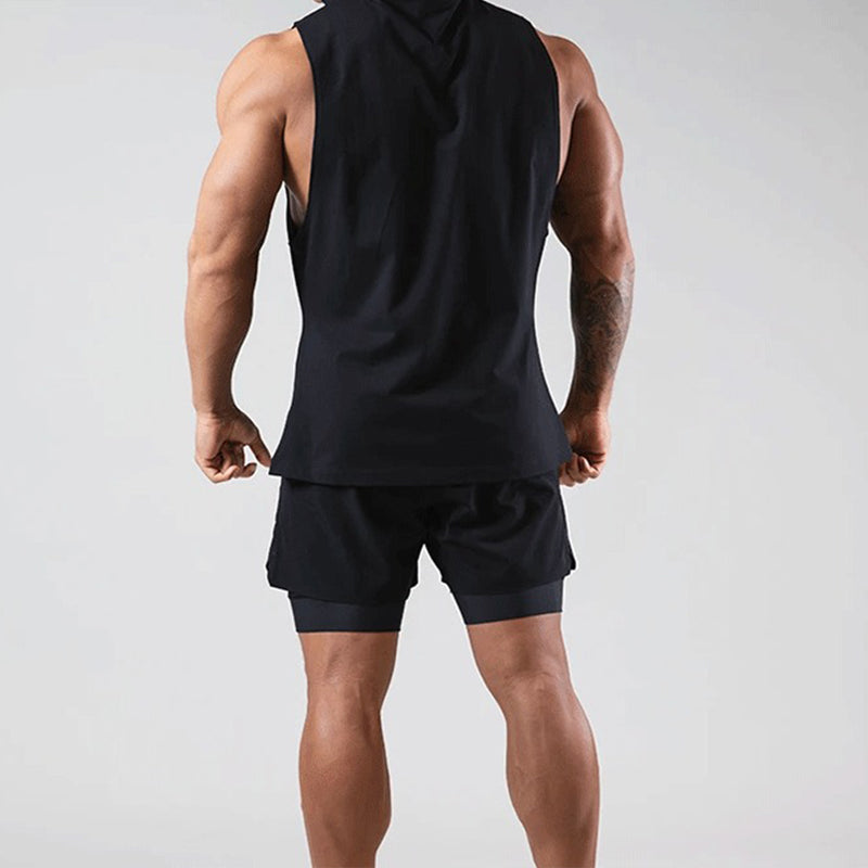 COTTON SLEEVELESS MEN’S WORKOUT FITNESS HOODED TANK TOP