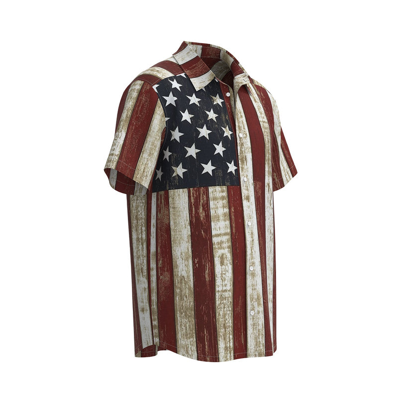 USA FLAG DISTRESSED PRINTED ALOHA SHIRT